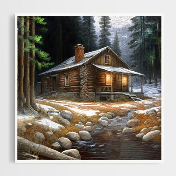 Cabin in the Woods Watercolor Oil Painting Art Print - Picture 2 of 9